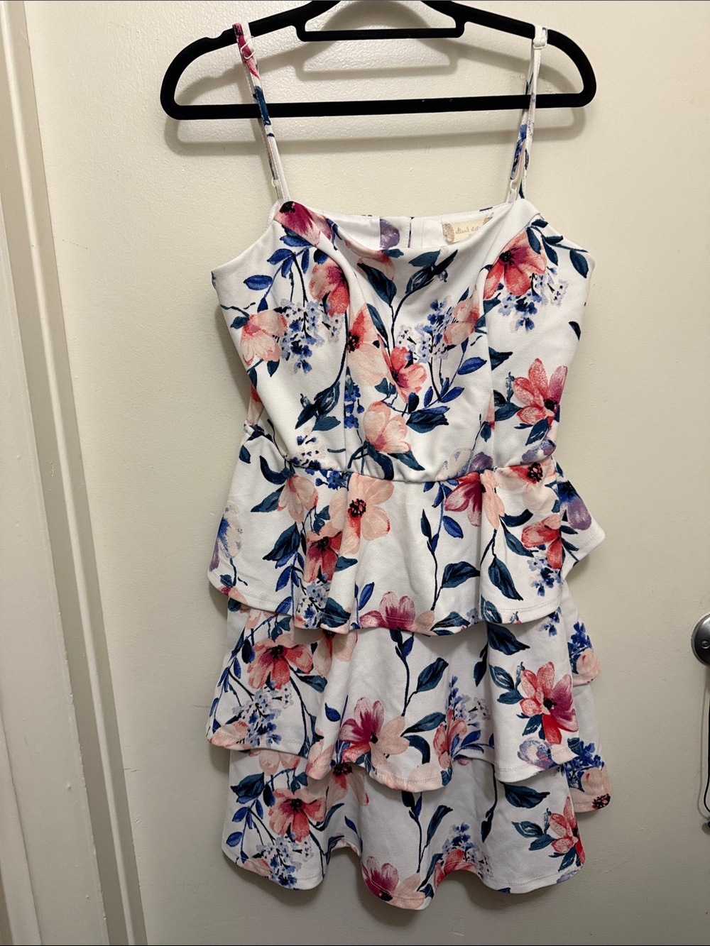 Altar'd State White Tiered Dress with Pink and Blue Floral Print